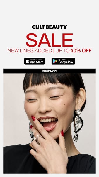 This image ad for Cult Beauty promotes a sale with new lines added and up to 40% off. It features a smiling model with b