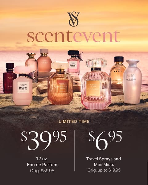 The ad promotes a Victoria's Secret Scent Event, showcasing a variety of perfumes and travel sprays. It highlights a