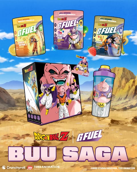 This ad is promoting a collaboration between Dragon Ball Z and G Fuel to create a new energy drink.