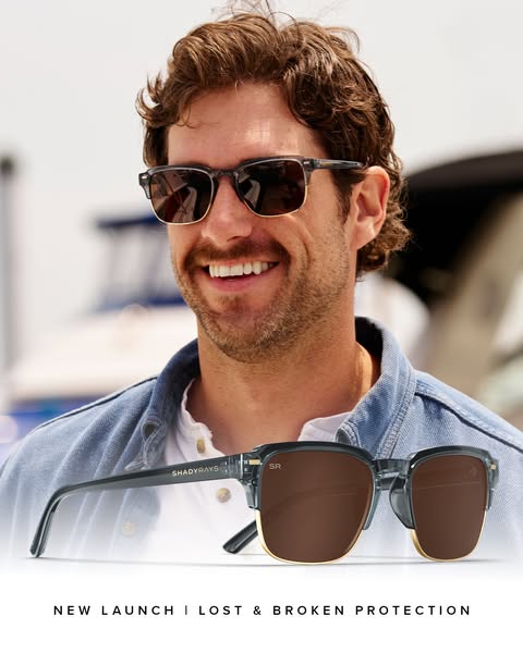 Image ad for Shady Rays sunglasses, featuring a person wearing the sunglasses and a close-up shot of the product with te