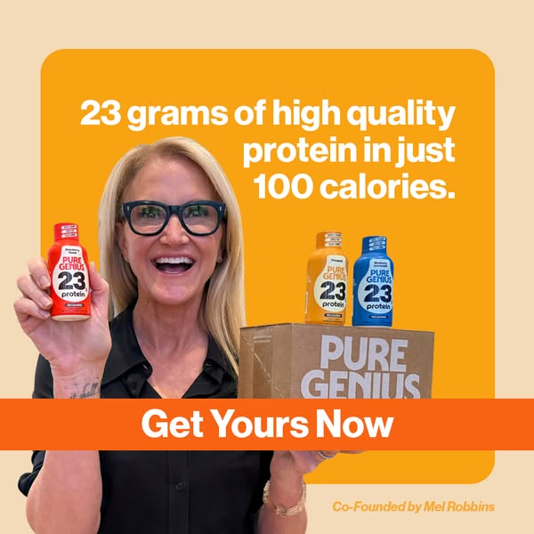 This ad by Pure Genius promotes a protein drink with 23 grams of high-quality protein in just 100 calories. The ad featu