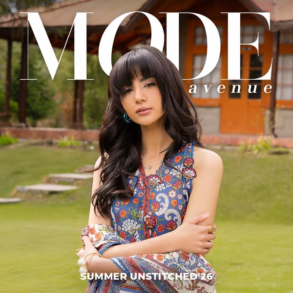This Mode Avenue ad features a woman wearing a sleeveless floral dress from the Summer Unstitched 26 line, set against a