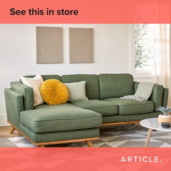 This ad showcases a green sectional sofa from Article. The ad encourages viewers to see the sofa in store.