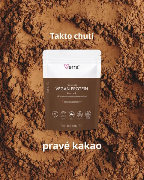 This image ad showcases Verra's Premium Vegan Protein in pravé kakao (real cocoa) flavor. The ad utilizes a close-up