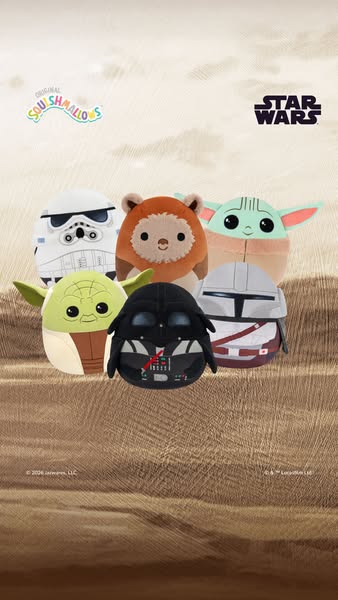 This ad features a collection of Squishmallows plush toys designed to resemble characters from Star Wars. The image is s