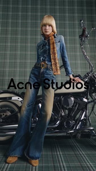 This image ad for Acne Studios features a model in a denim outfit posing next to a motorcycle. The ad emphasizes the bra
