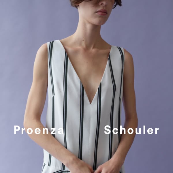 This ad showcases a woman wearing a sleeveless striped dress from Proenza Schouler, promoting the brand's fashion.