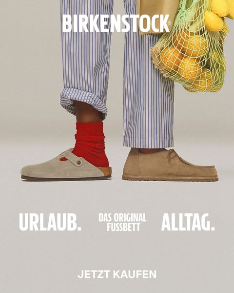 This ad showcases Birkenstock footwear, juxtaposing two different styles to represent 'vacation' and 'everyd