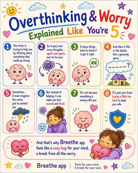 This ad uses an educational, child-friendly illustration to explain how overthinking and worry work, then positions the 