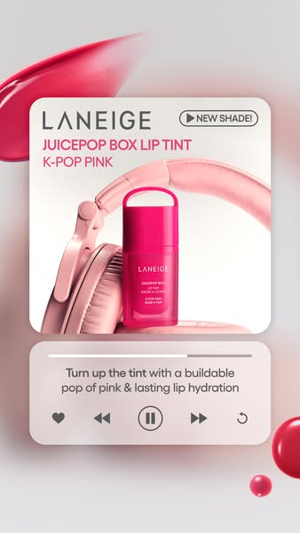 This ad promotes Laneige's Juicepop Box Lip Tint in the K-Pop Pink shade. The ad emulates the visual style of a musi