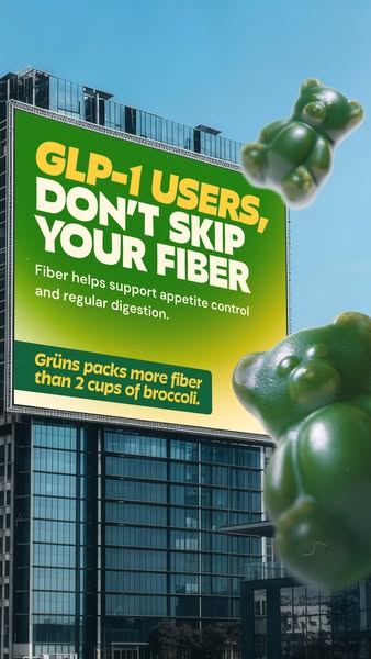 This ad is for Grüns fiber gummies. It is targeted towards GLP-1 users and highlights the fact that Grüns packs more fib