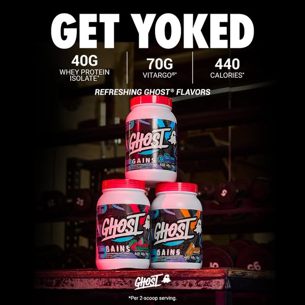 This ad for Ghost brand promotes Ghost Gains product, highlighting the key features and ingredients.