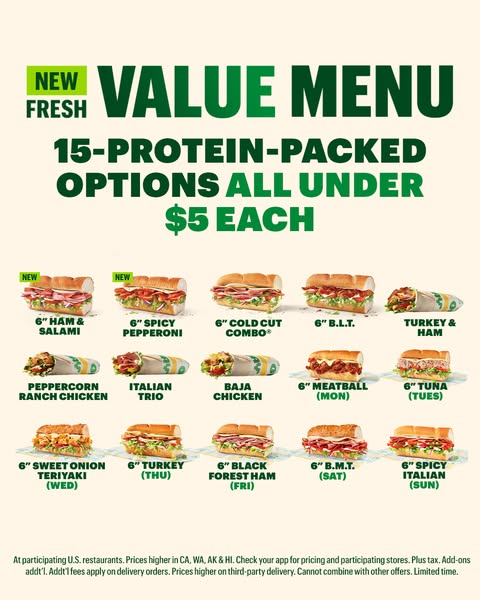 The ad promotes Subway's new fresh value menu with 15 protein-packed options all under $5. The ad displays images of