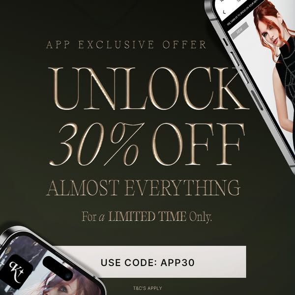 This ad promotes a limited-time offer for 30% off almost everything in the brand's app. The ad features phone mockup