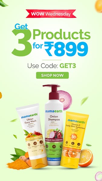 This image ad for Mamaearth promotes a sale offering three products for ₹899, with a coupon code 'GET3'. The ad 