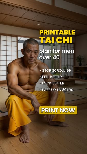 This image ad promotes a printable Tai Chi plan for men over 40. It features a shirtless, muscular older man in Tai Chi 