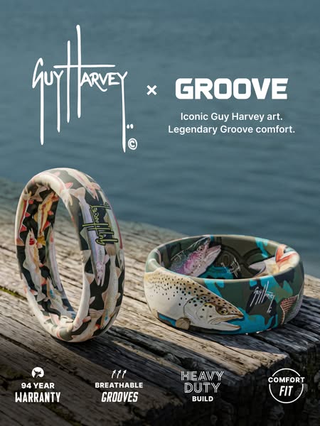 This image ad showcases Groove Life's ring collaboration with Guy Harvey. The ad highlights features such as breatha