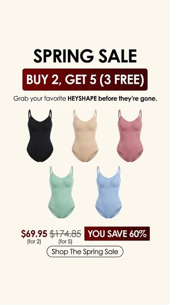 This image ad for HEYSHAPE advertises a Spring Sale with a buy two get five deal. The ad pictures the product in a varie