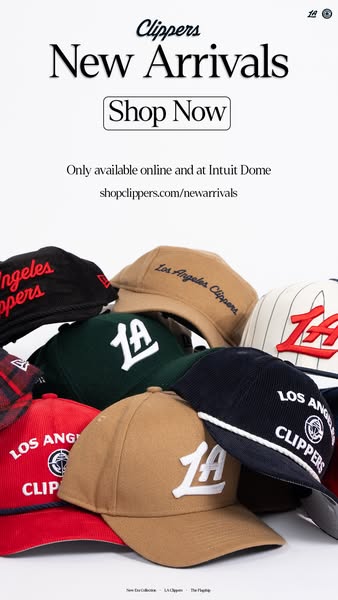This image ad promotes the new arrivals of Los Angeles Clippers merchandise, specifically baseball caps, available onlin