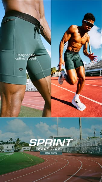 This image ad showcases a man on a track wearing the sponsor's athletic shorts. It highlights the comfort and perfor