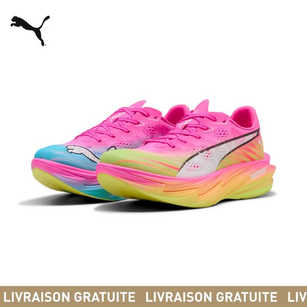 This ad showcases a pair of Puma running shoes, highlighting their unique design and color scheme. The ad features the b