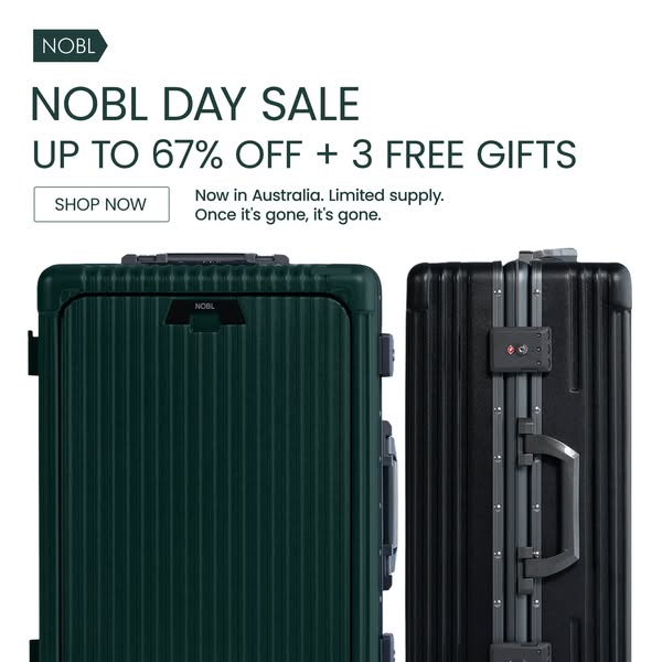 Image ad showcasing NOBL luggage, highlighting a sale with up to 67% off plus three free gifts, available now in Austral