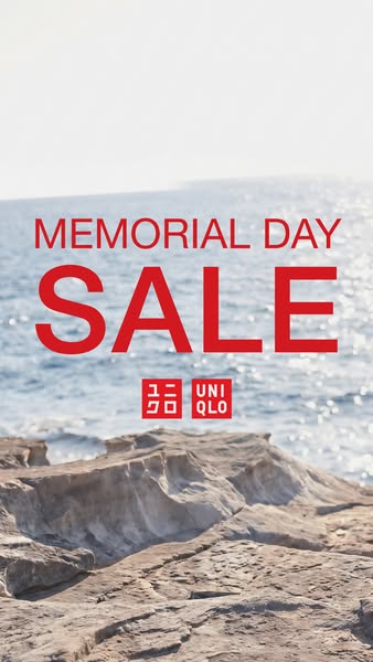 This ad promotes the Uniqlo brand through a Memorial Day sale, featuring a serene ocean view backdrop.