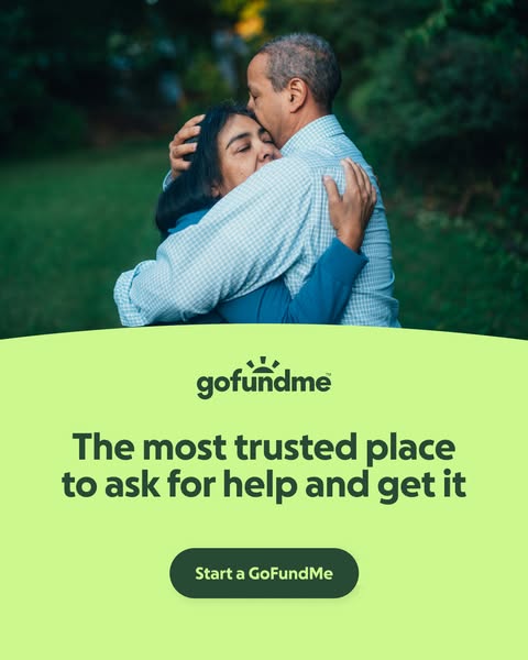 An ad for GoFundMe that features a light-green colored graphic under an image of a man and woman embracing. The text on 