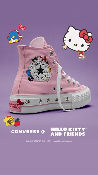 An advertisement for Converse shoes in collaboration with Hello Kitty and Friends. It features a single pink high-top sn