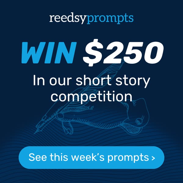 The ad promotes a short story competition with a prize of $250. It includes an illustration of a hand holding a pen, sub