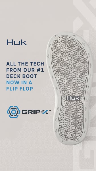 This ad showcases the Huk flip flop, highlighting that it is made with the same technology as their #1 deck boot.