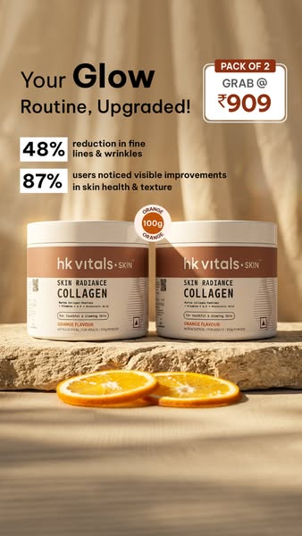 This image ad showcases the brand hk vitals SKIN RADIANCE COLLAGEN, highlighting its benefits for reducing fine lines an