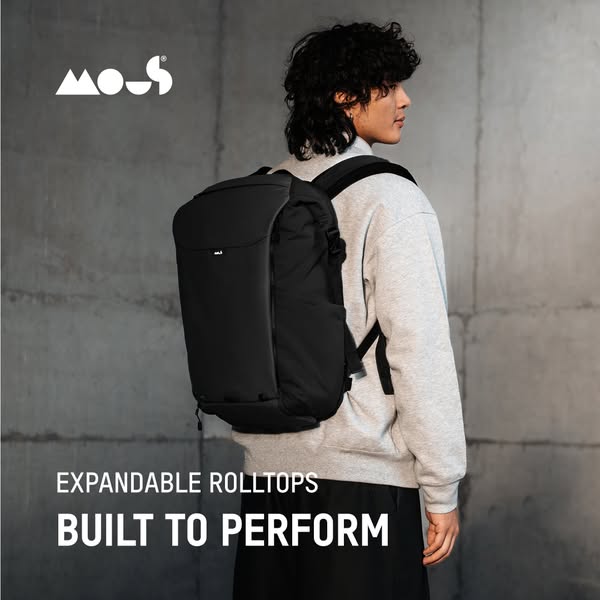 This ad showcases the Mous expandable rolltop backpack, highlighting its functional design and suitability for performan