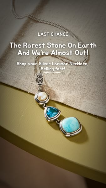 This ad showcases a silver larimar necklace with a 'last chance' message due to limited availability.