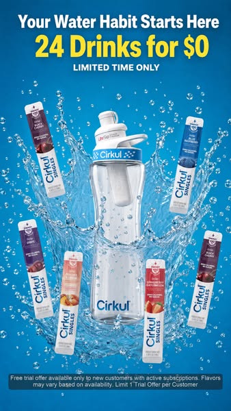 An advertisement for Cirkul, promoting a limited-time offer of 24 drinks for $0. The image features a Cirkul water bottl