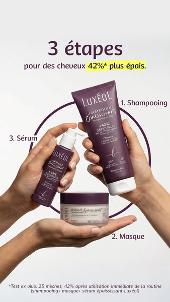 This image ad demonstrates the three steps to thicker hair using Luxéol products.