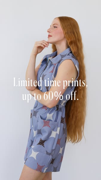 This image ad features a woman wearing a blue romper with a star pattern. The ad promotes a limited-time sale on prints,