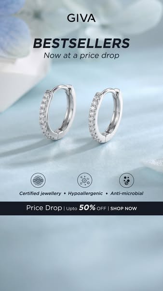 An ad featuring a close-up of GIVA earrings with a focus on the product being bestsellers now available at a discount an
