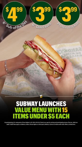 This ad highlights Subway's value menu, featuring 15 items under $5. It showcases various 6-inch subs available at d