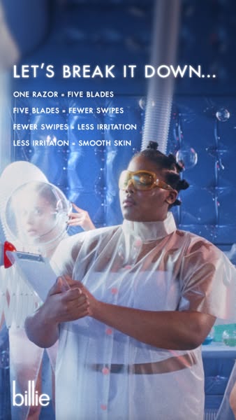 This ad uses an image to highlight a razor that has five blades and results in fewer swipes, less irritation, and smooth