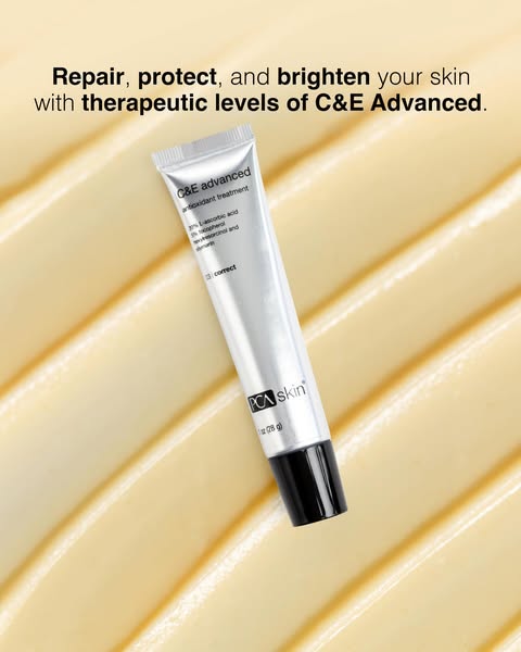 This image promotes PCA Skin C&E Advanced antioxidant treatment. The ad highlights the product's ability to repa