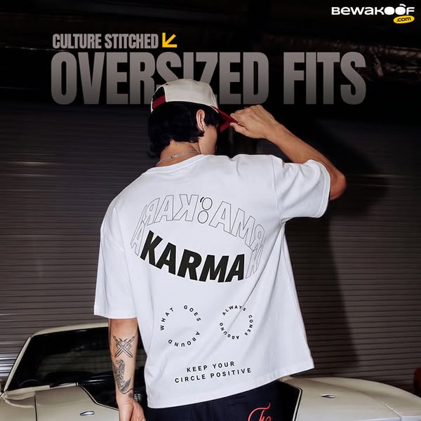 This ad for Bewakoof.com features a person wearing a white oversized t-shirt with a graphic design on the back. The grap