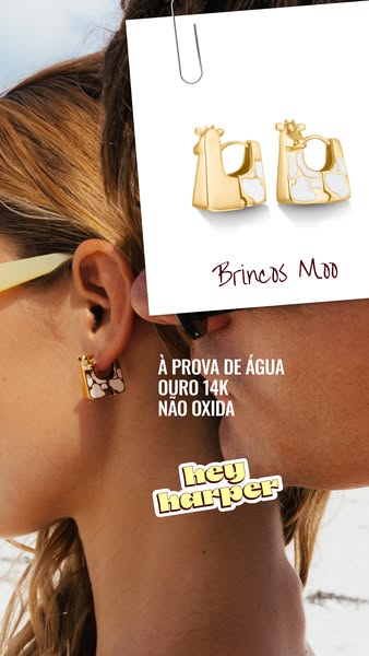 This ad showcases gold earrings on a person with their product features in text.