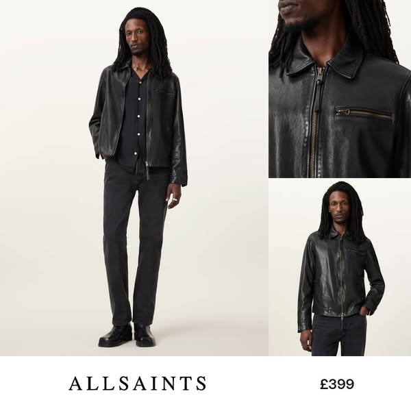 This ad features a man modeling a black leather jacket and black jeans from Allsaints. The ad includes three different v