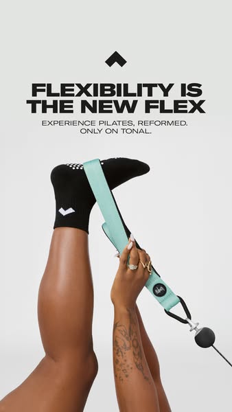 This image ad for Tonal highlights that flexibility is the new flex by showing a Black woman using a Tonal pilates refor