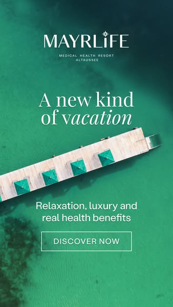 This ad is for MAYRLIFE Medical Health Resort. The ad showcases the resort's location above a bright blue body of wa