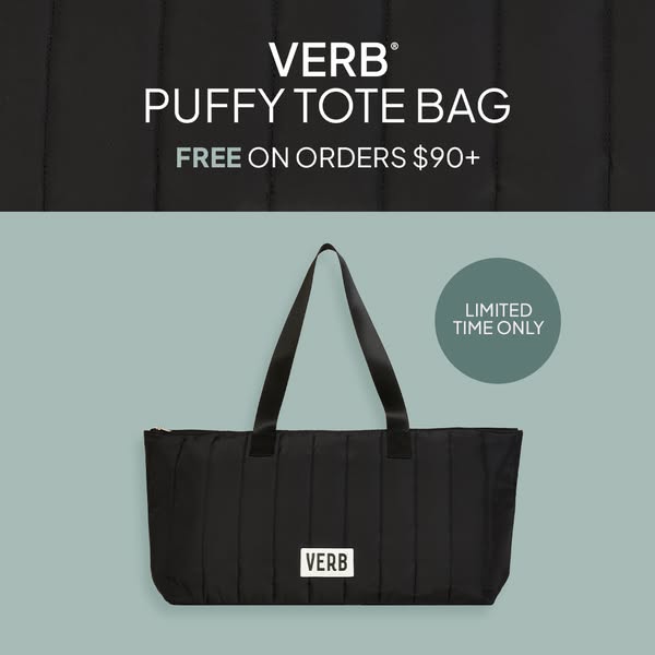 This ad showcases the VERB Puffy Tote Bag and highlights an offer of free shipping on orders of $90 or more. The ad focu