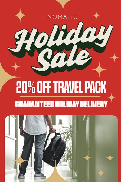 This ad promotes a holiday sale for Nomatic travel packs, offering a 20% discount and guaranteed holiday delivery. The v