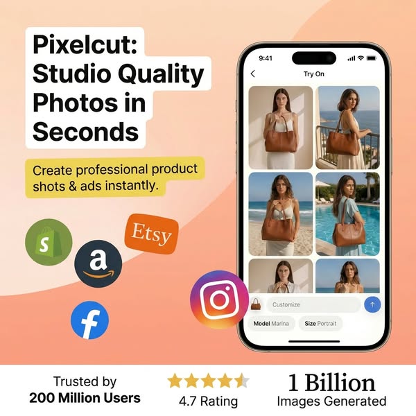 This ad for Pixelcut highlights its ability to make studio-quality photos in seconds. The ad features the product in use
