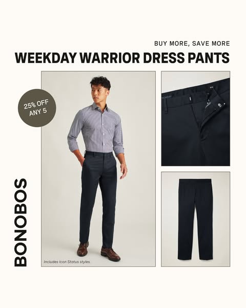 This ad for Bonobos promotes their Weekday Warrior Dress Pants. The ad features a model wearing the pants, along with cl